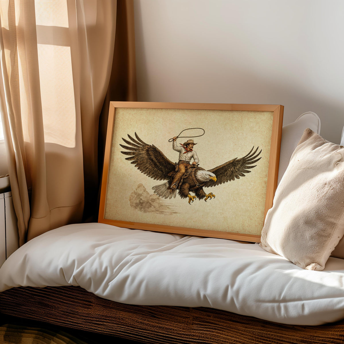 Bedroom vignette with cowboy riding eagle wall art on bench, funny western wall decor, calm neutrals