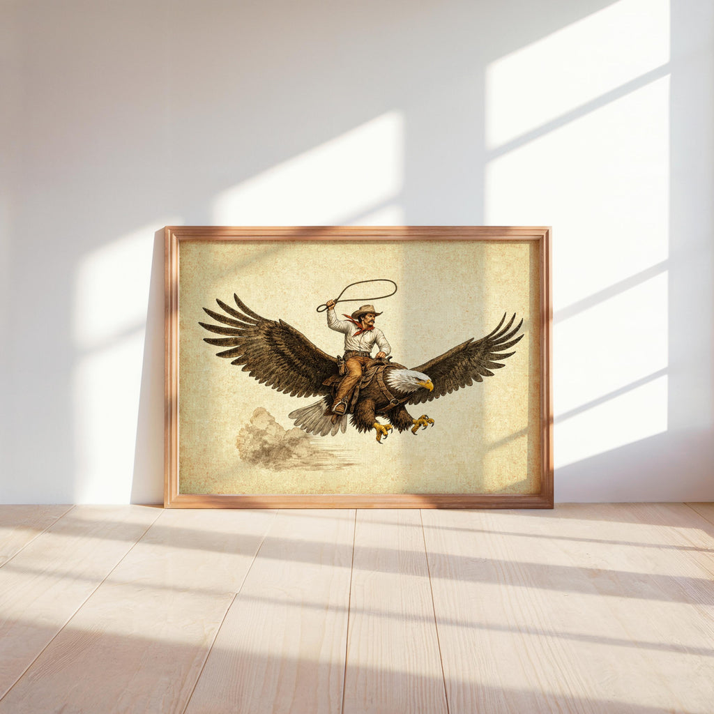 Floor-level framed vintage cowboy riding eagle wall art in warm sunlight, aged parchment texture visible