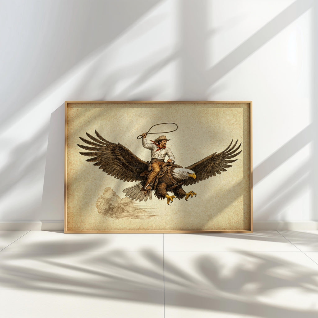 Sunlit, low-angle cowboy riding eagle wall art leaning by window, strong shadows cross the parchment
