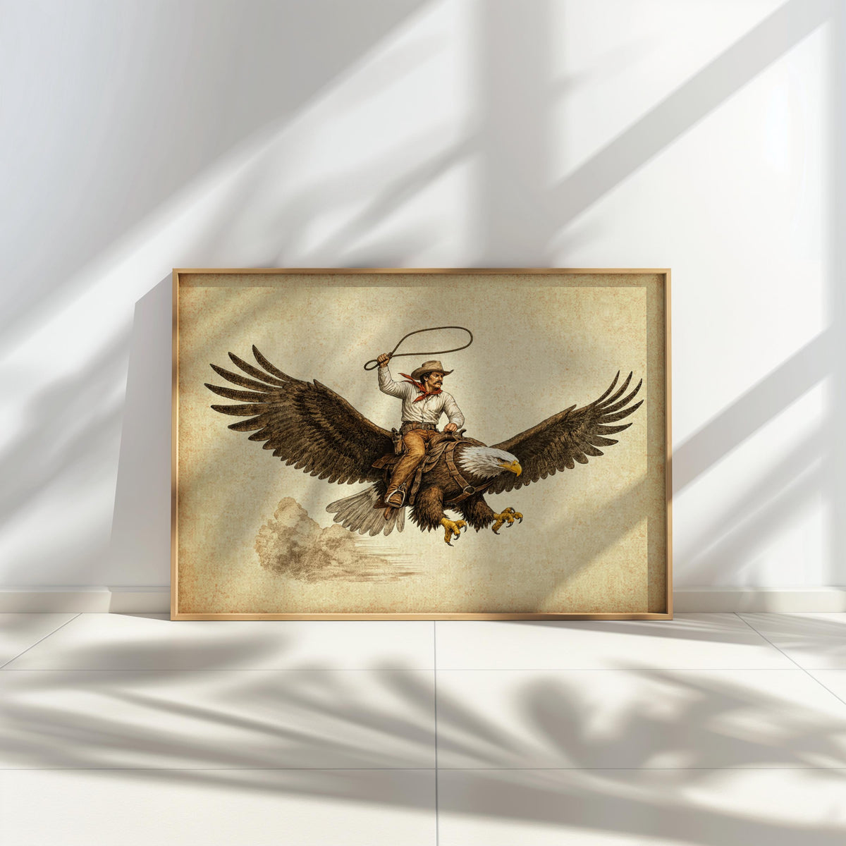 Sunlit, low-angle cowboy riding eagle wall art leaning by window, strong shadows cross the parchment