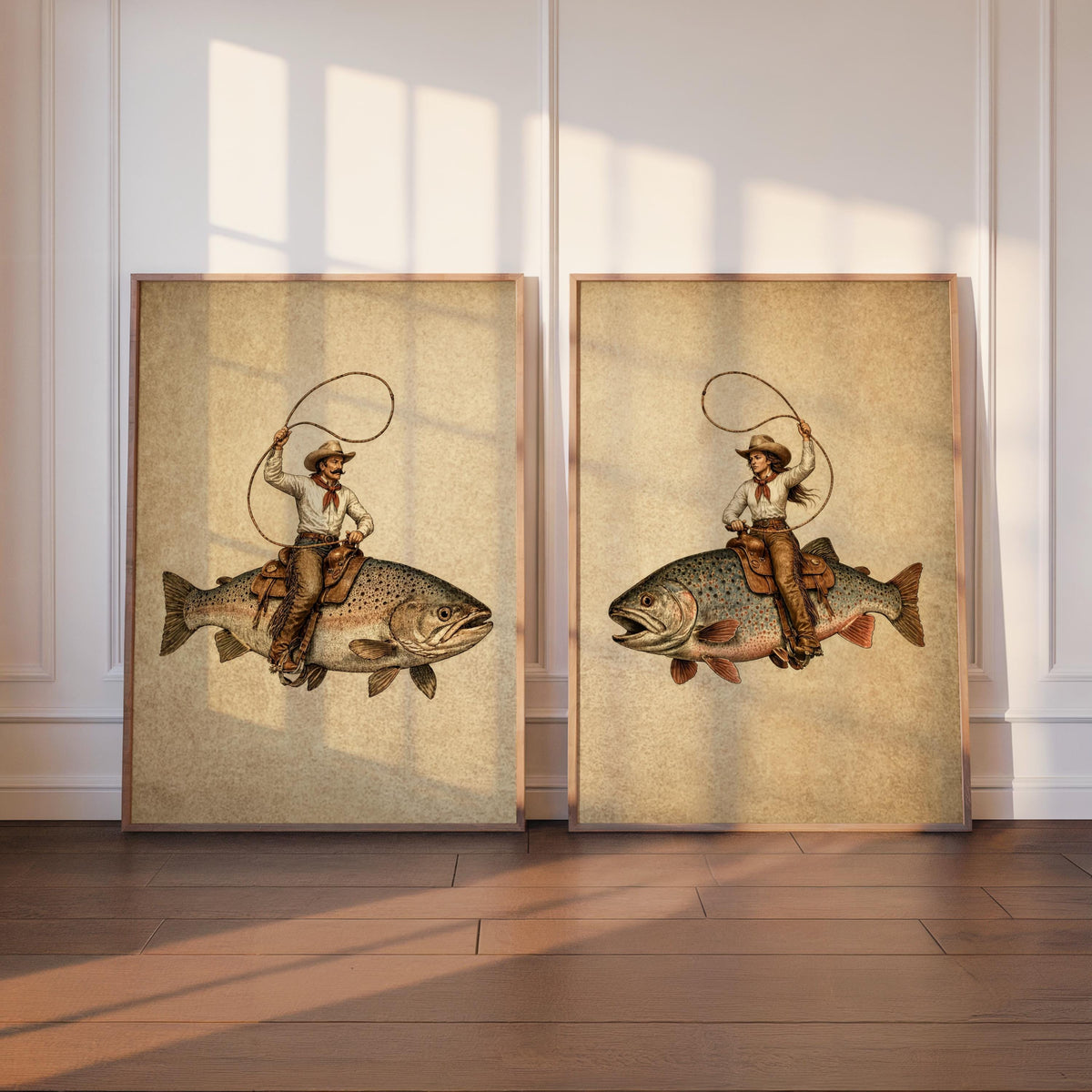 Cowboy & Cowgirl Riding Fish Set of 2, Funny Brook Trout Wall Art, Surreal Western Decor, Vintage Fishing Poster, Wild West Print