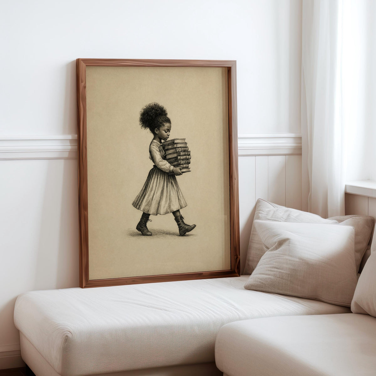 Black Girl Carrying Books Wall Art,  Retro Book Lover Print, Vintage Library Book Nook Poster, Reading Room Decor, Afrocentric storybook