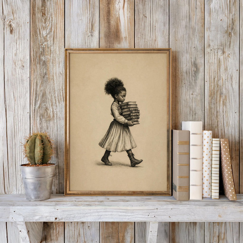 Black Girl Carrying Books Wall Art,  Retro Book Lover Print, Vintage Library Book Nook Poster, Reading Room Decor, Afrocentric storybook