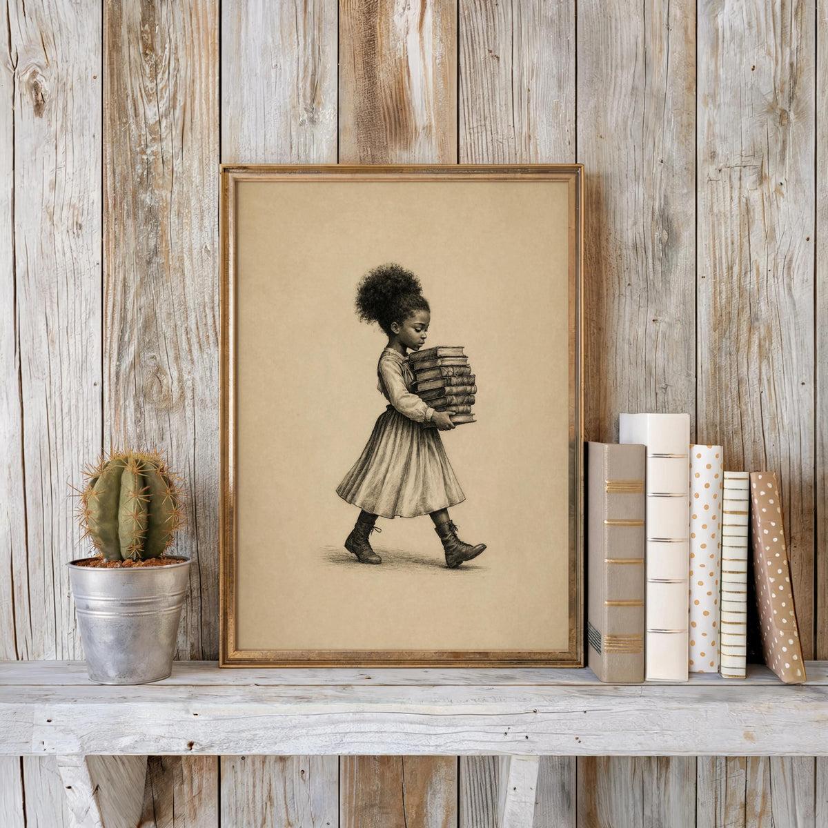 Black Girl Carrying Books Wall Art,  Retro Book Lover Print, Vintage Library Book Nook Poster, Reading Room Decor, Afrocentric storybook