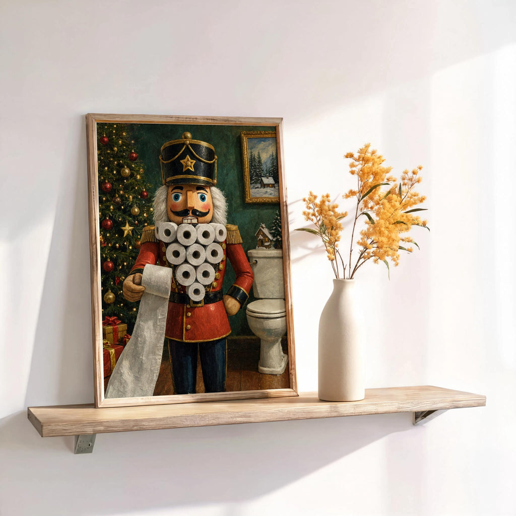 Framed funny nutcracker bathroom print on a floating shelf, dried golden stems in a tall white vase, warm light.