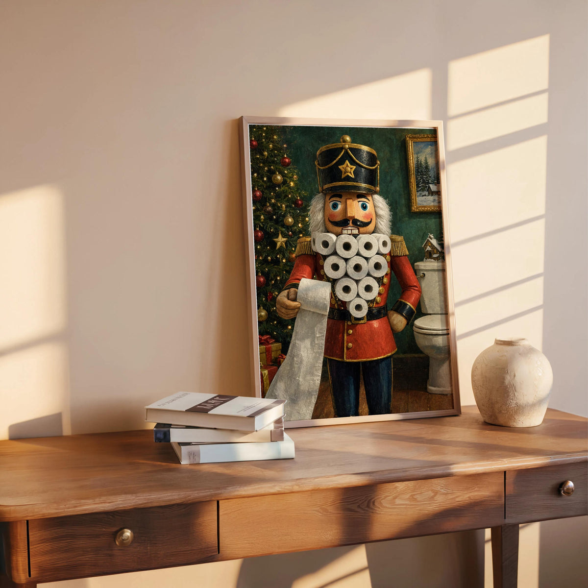 Framed funny nutcracker bathroom print on a rustic desk with stacked books and a round ceramic vase, soft shadows.