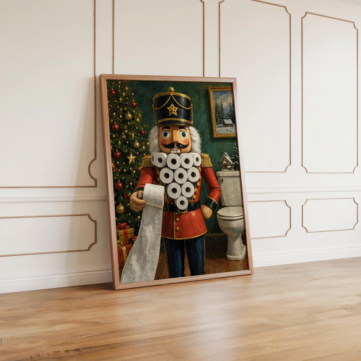 Funny nutcracker bathroom print propped on wood floor against white paneled wall, rich green, red and gold tones.