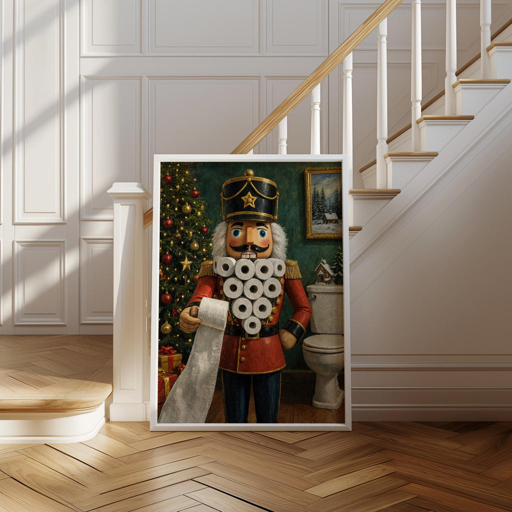 Large framed funny nutcracker bathroom print leaning at a stair landing, parquet floor and classic white trim.