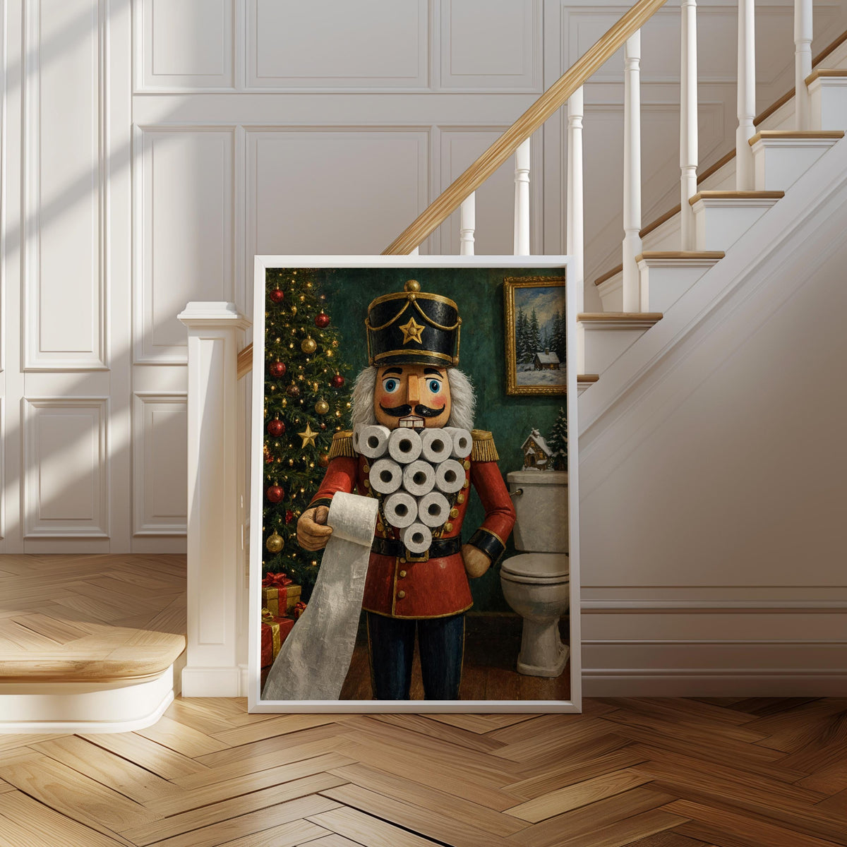 Large framed funny nutcracker bathroom print leaning at a stair landing, parquet floor and classic white trim.