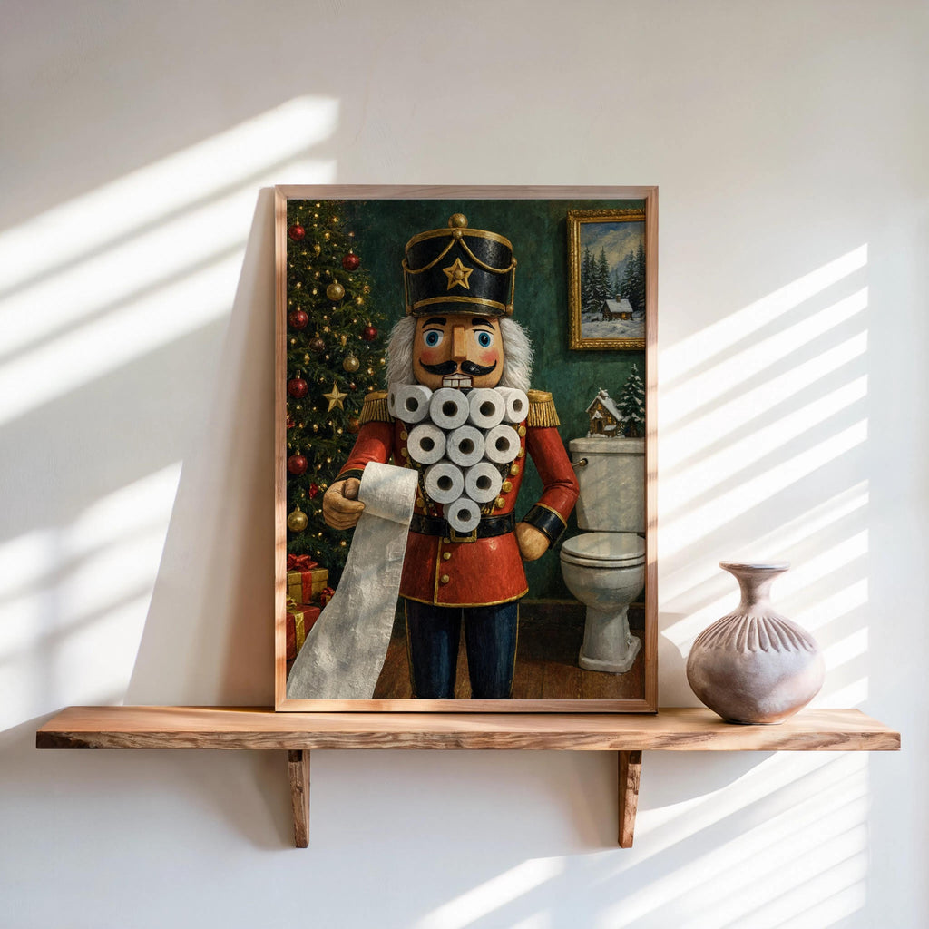 Sunlit framed funny nutcracker bathroom print leaning on a rustic wood shelf, ceramic vase beside it.