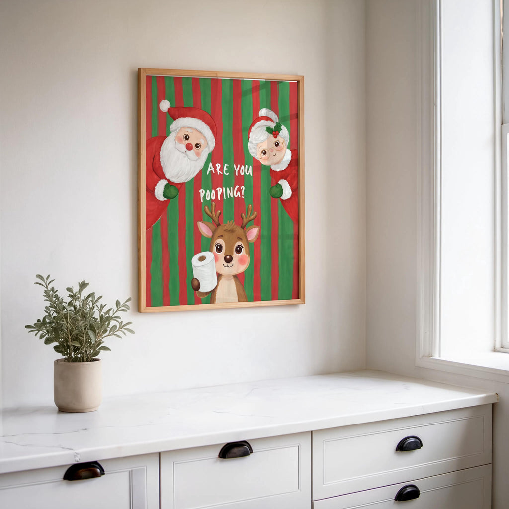 Are You Pooping Christmas Bathroom Print, Funny Xmas Restroom Decor, Whimsical Santa Claus Ms Claus Powder Room Poster, Festive Holiday Art