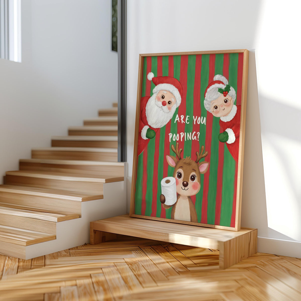 Are You Pooping Christmas Bathroom Print, Funny Xmas Restroom Decor, Whimsical Santa Claus Ms Claus Powder Room Poster, Festive Holiday Art