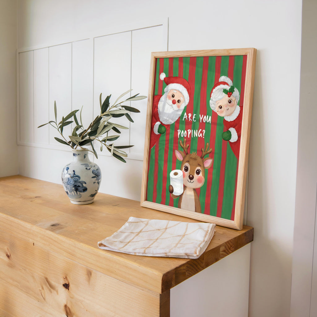 Are You Pooping Christmas Bathroom Print, Funny Xmas Restroom Decor, Whimsical Santa Claus Ms Claus Powder Room Poster, Festive Holiday Art