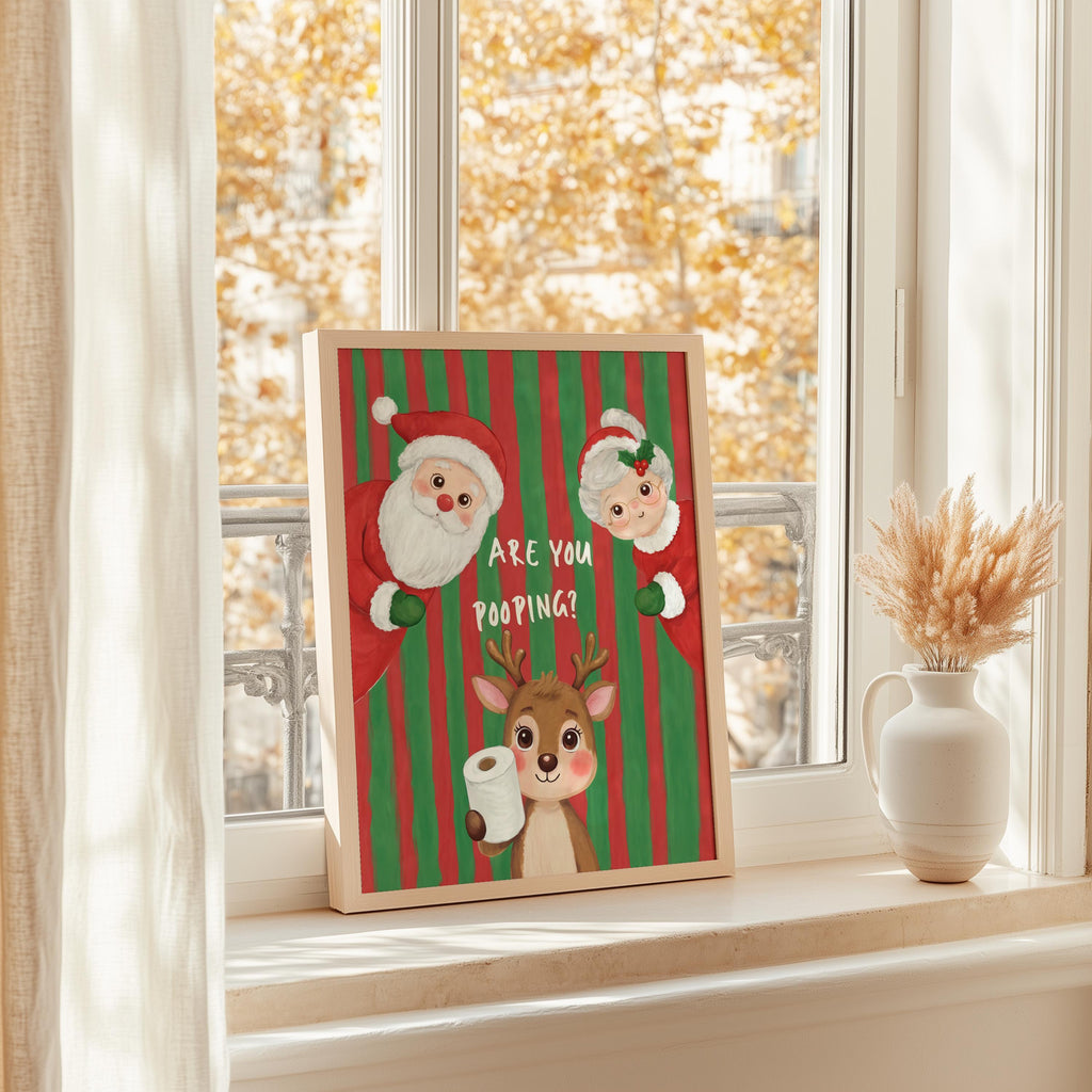 Are You Pooping Christmas Bathroom Print, Funny Xmas Restroom Decor, Whimsical Santa Claus Ms Claus Powder Room Poster, Festive Holiday Art