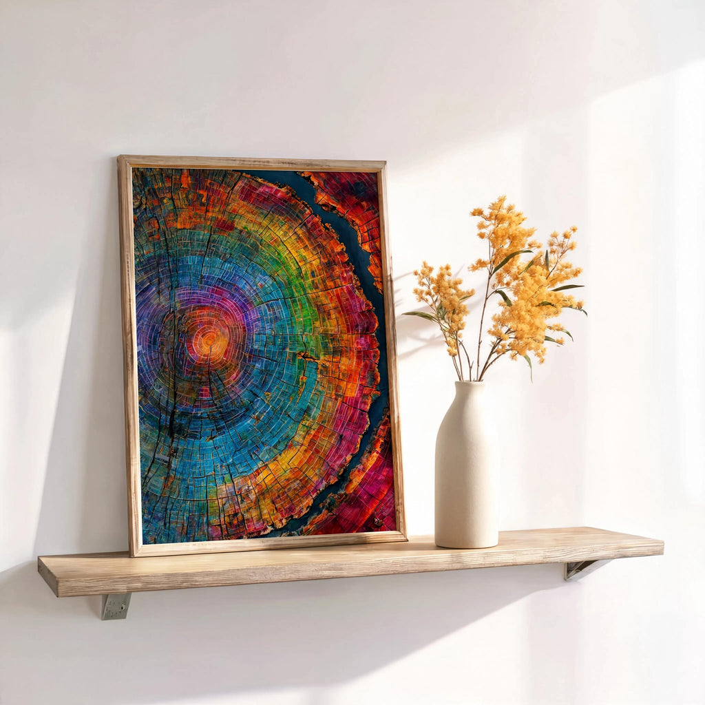 Tree Rings Wall Art, Colorful Wood Grain Poster, Rainbow Cross Section Decor, Vibrant Botanical Painting, Abstract Nature Print