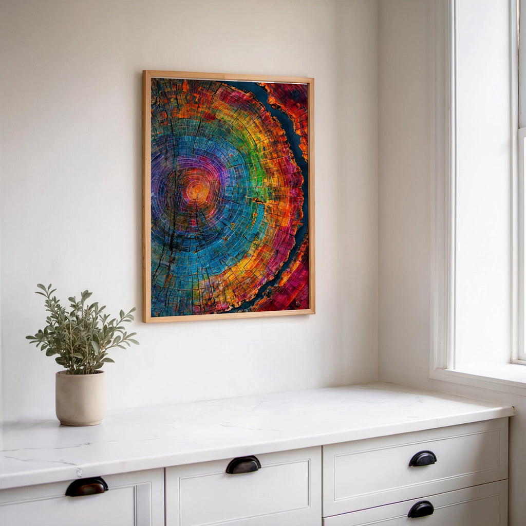 Tree Rings Wall Art, Colorful Wood Grain Poster, Rainbow Cross Section Decor, Vibrant Botanical Painting, Abstract Nature Print