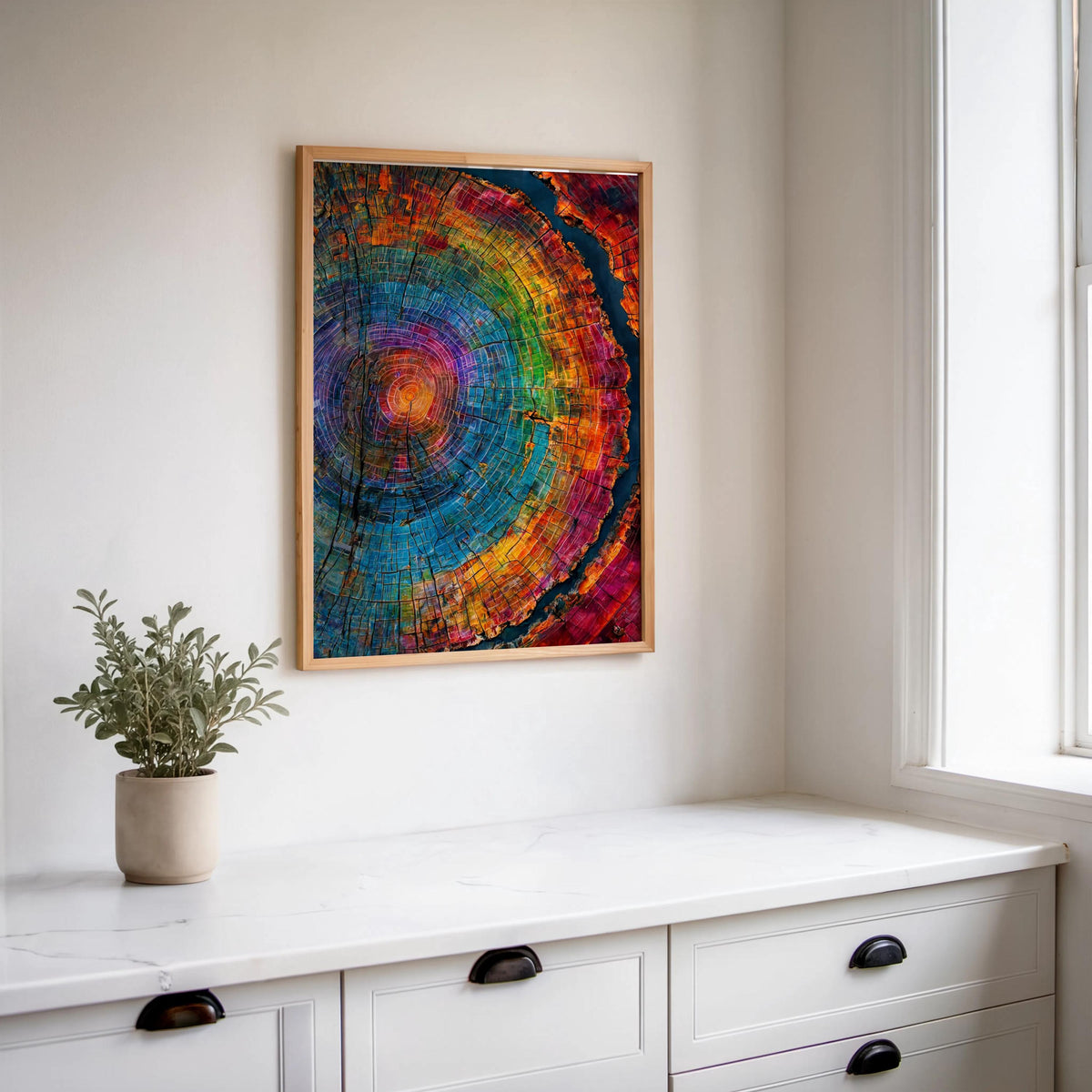 Tree Rings Wall Art, Colorful Wood Grain Poster, Rainbow Cross Section Decor, Vibrant Botanical Painting, Abstract Nature Print