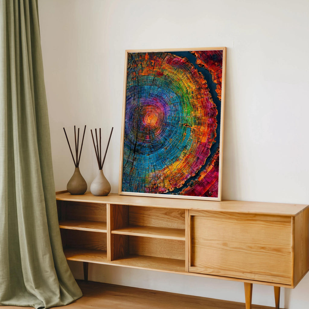 Tree Rings Wall Art, Colorful Wood Grain Poster, Rainbow Cross Section Decor, Vibrant Botanical Painting, Abstract Nature Print