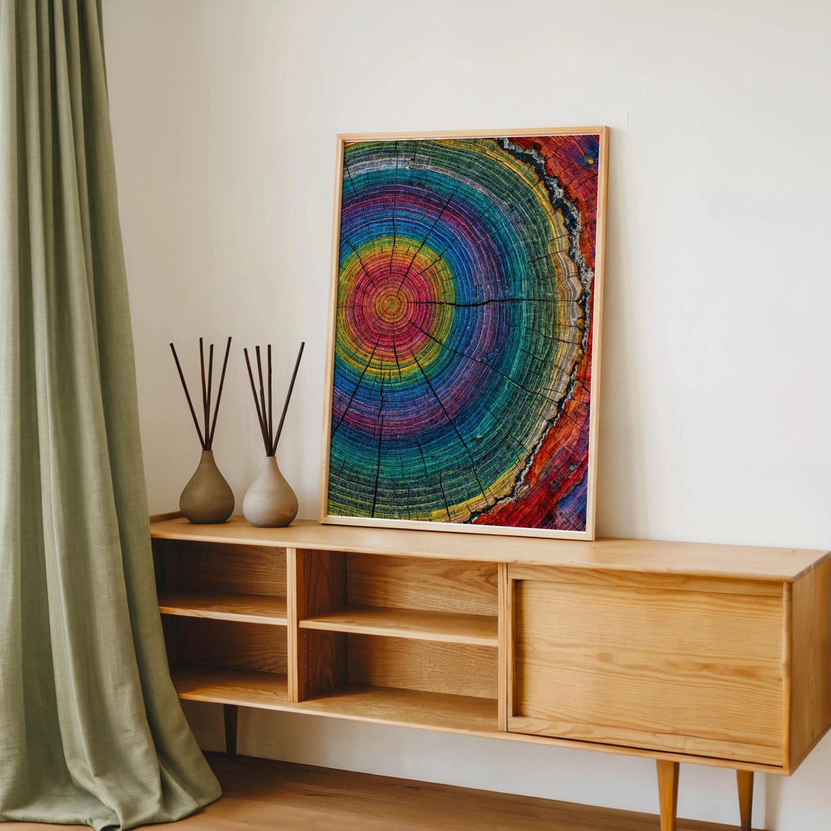 Tree Ring Wall Art, Colorful Tree Rings Print, Abstract Modern Farmhouse Canvas, Minimalist Woodland Decor, Psychedelic Rainbow Poster