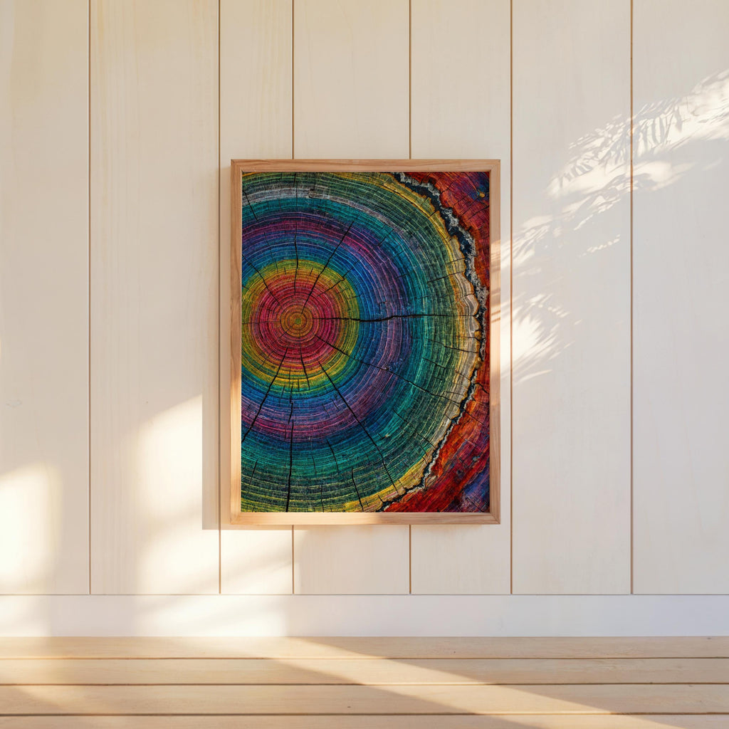 Tree Ring Wall Art, Colorful Tree Rings Print, Abstract Modern Farmhouse Canvas, Minimalist Woodland Decor, Psychedelic Rainbow Poster