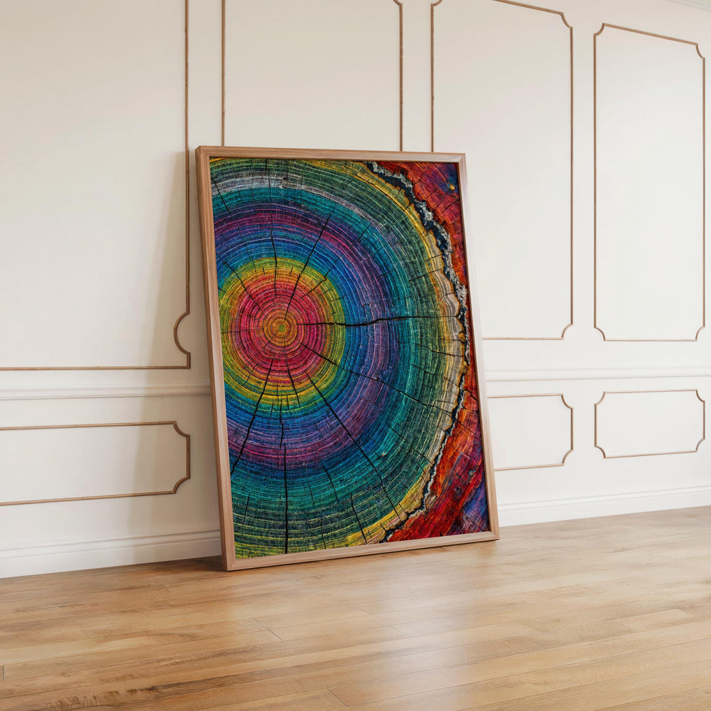 Tree Ring Wall Art, Colorful Tree Rings Print, Abstract Modern Farmhouse Canvas, Minimalist Woodland Decor, Psychedelic Rainbow Poster