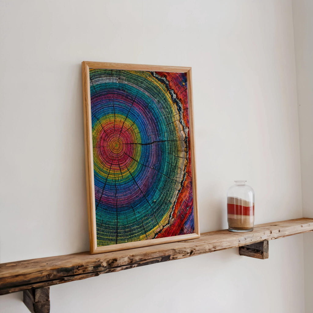Tree Ring Wall Art, Colorful Tree Rings Print, Abstract Modern Farmhouse Canvas, Minimalist Woodland Decor, Psychedelic Rainbow Poster