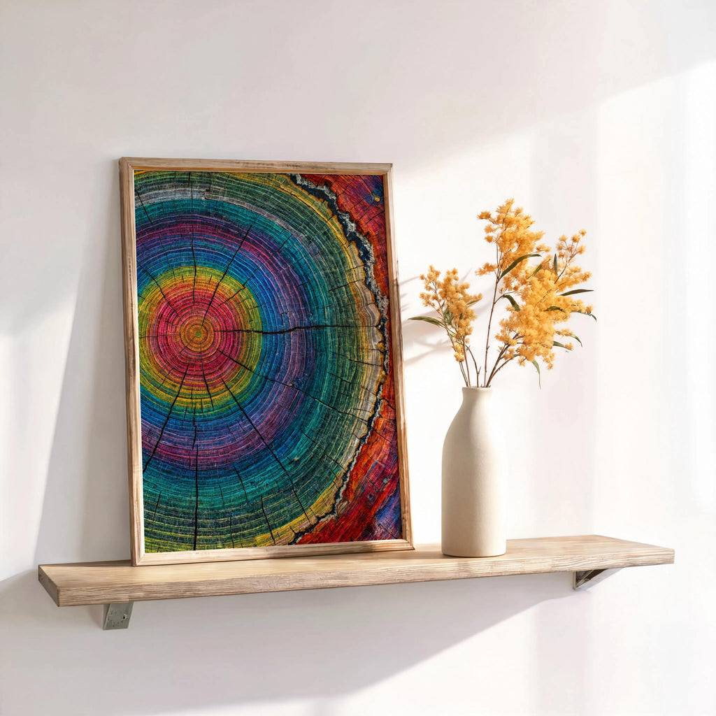 Tree Ring Wall Art, Colorful Tree Rings Print, Abstract Modern Farmhouse Canvas, Minimalist Woodland Decor, Psychedelic Rainbow Poster