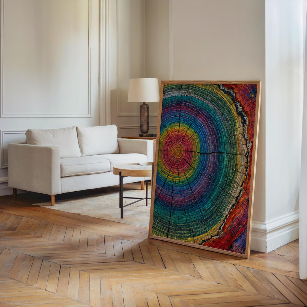 Tree Ring Wall Art, Colorful Tree Rings Print, Abstract Modern Farmhouse Canvas, Minimalist Woodland Decor, Psychedelic Rainbow Poster