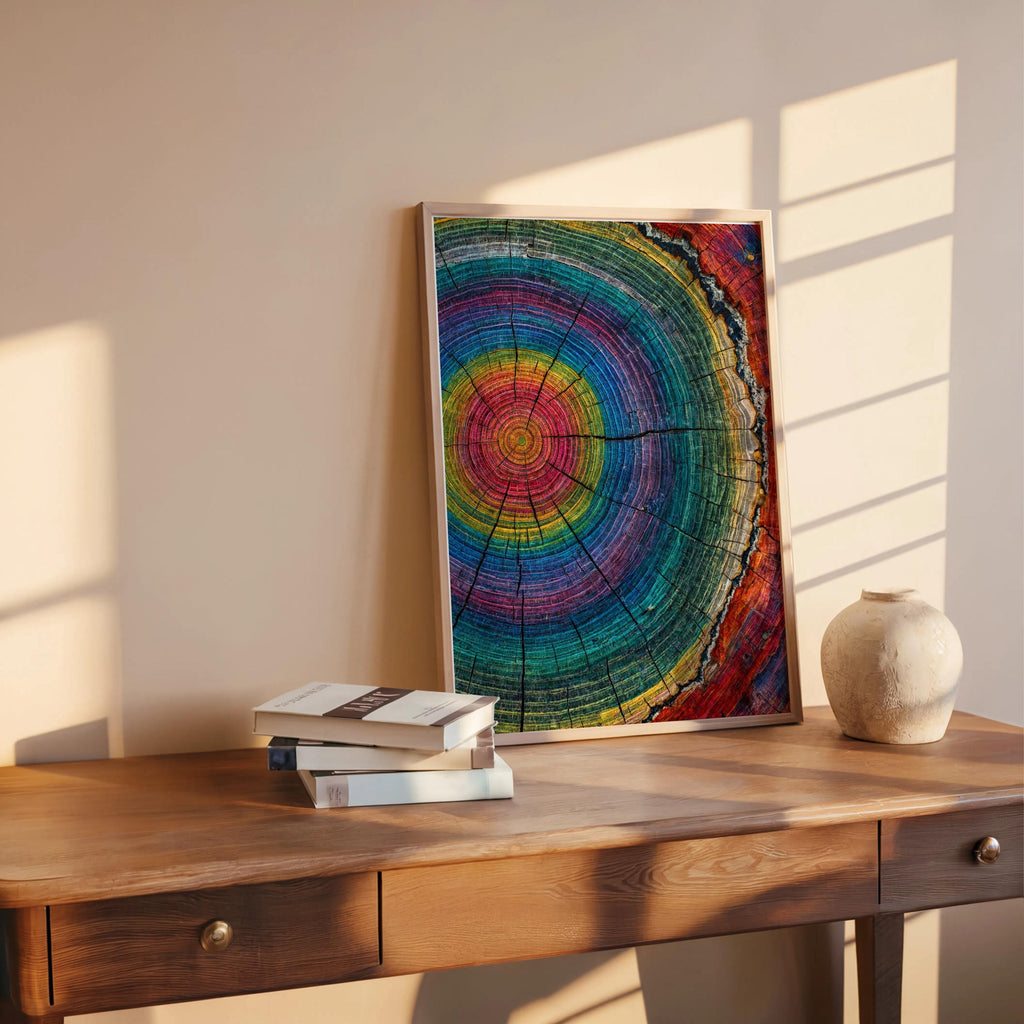 Tree Ring Wall Art, Colorful Tree Rings Print, Abstract Modern Farmhouse Canvas, Minimalist Woodland Decor, Psychedelic Rainbow Poster