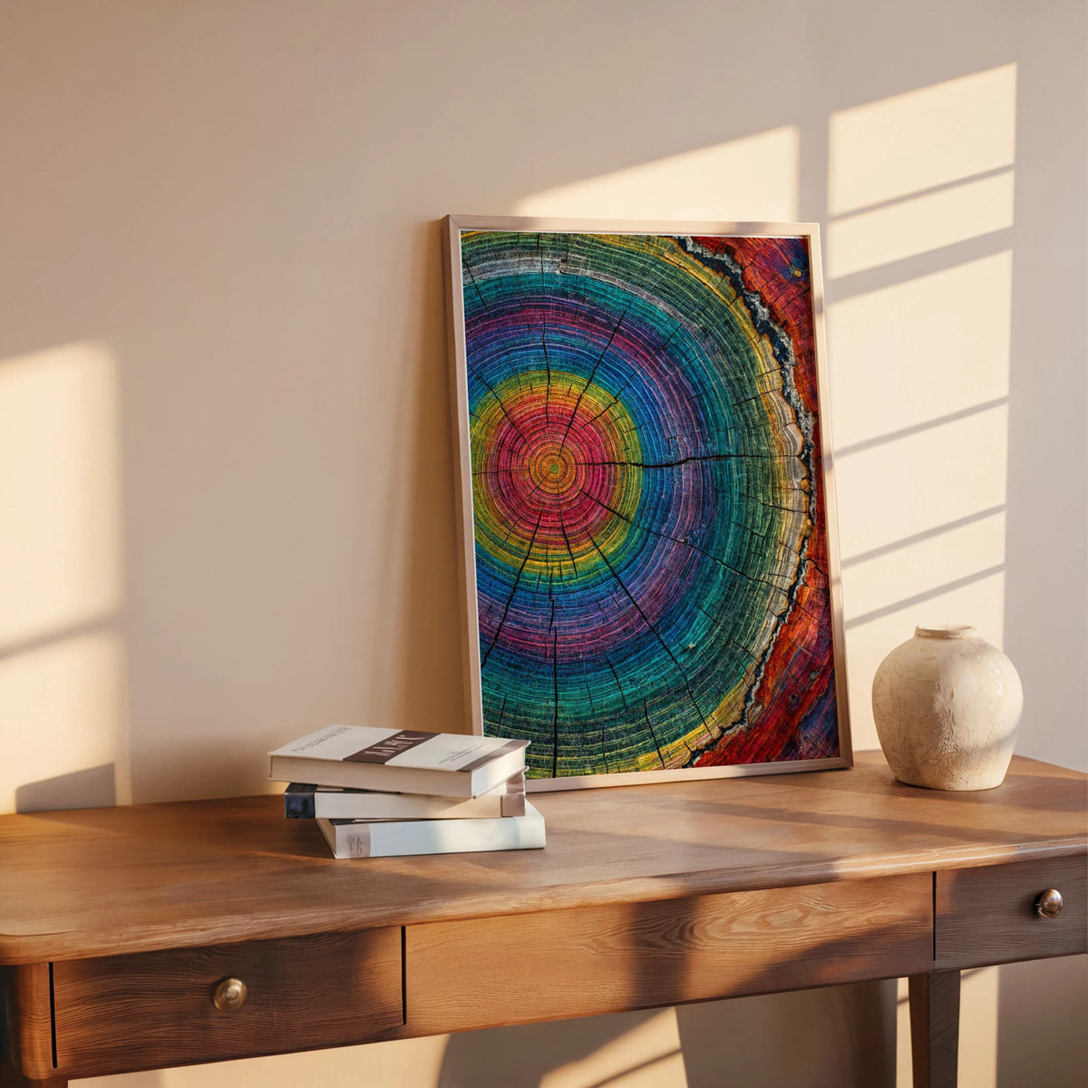 Tree Ring Wall Art, Colorful Tree Rings Print, Abstract Modern Farmhouse Canvas, Minimalist Woodland Decor, Psychedelic Rainbow Poster