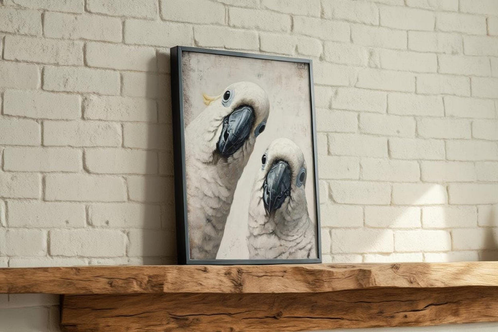 Cockatoo poster print on a rustic shelf against painted brick, quirky bird wall art with soft beige tones