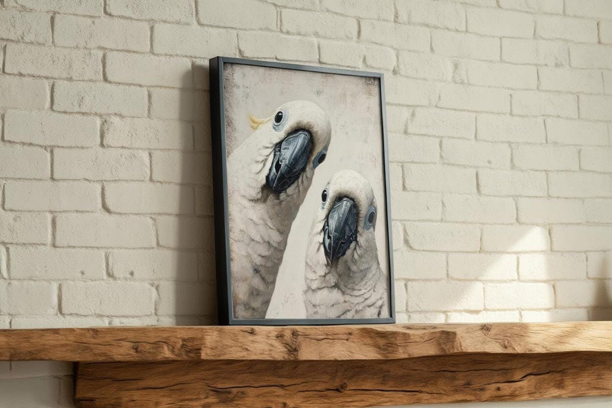 Cockatoo poster print on a rustic shelf against painted brick, quirky bird wall art with soft beige tones