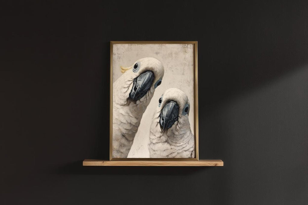 Framed funny cockatoo art print on a thin shelf against a dark wall, minimalist bird wall decor with humor