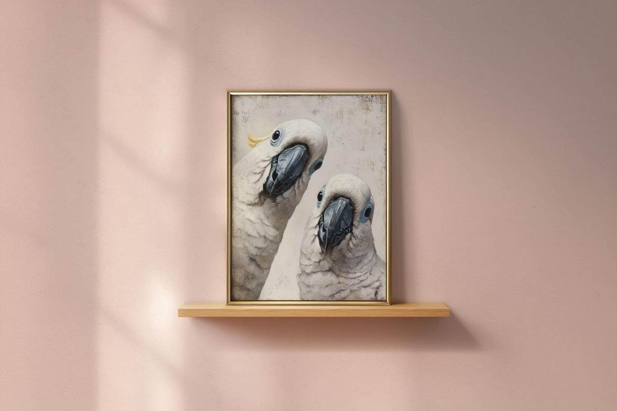 Funny cockatoo art print perched on a pale pink shelf, minimalist bird wall decor with subtle yellow crest accents