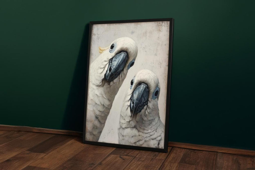 Large framed funny cockatoo wall art print against a deep green wall, striking neutral portrait for parrot lovers