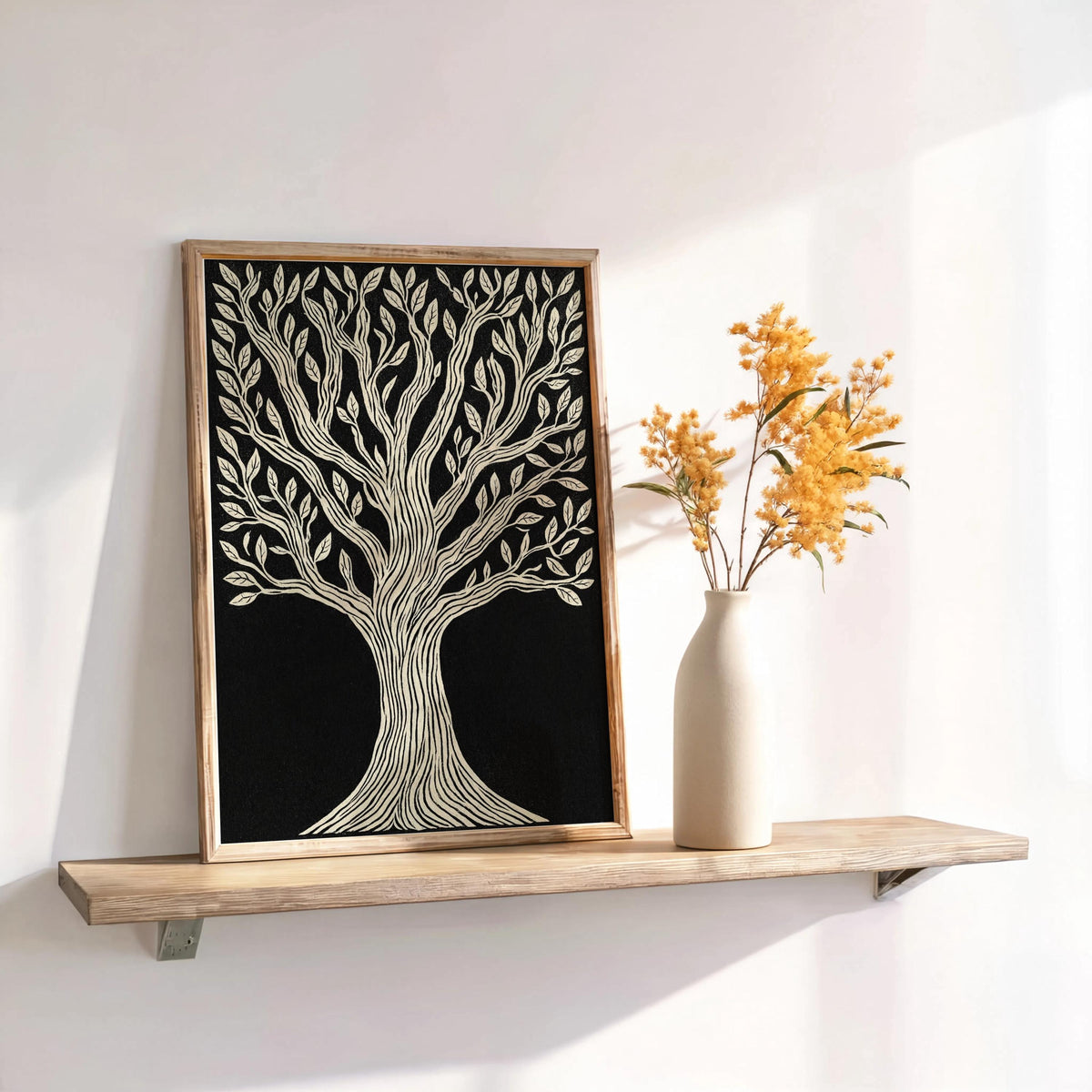 Tree of Life wall art on slim shelf, dried stems in vase beside it, boho spiritual wall art vibe.