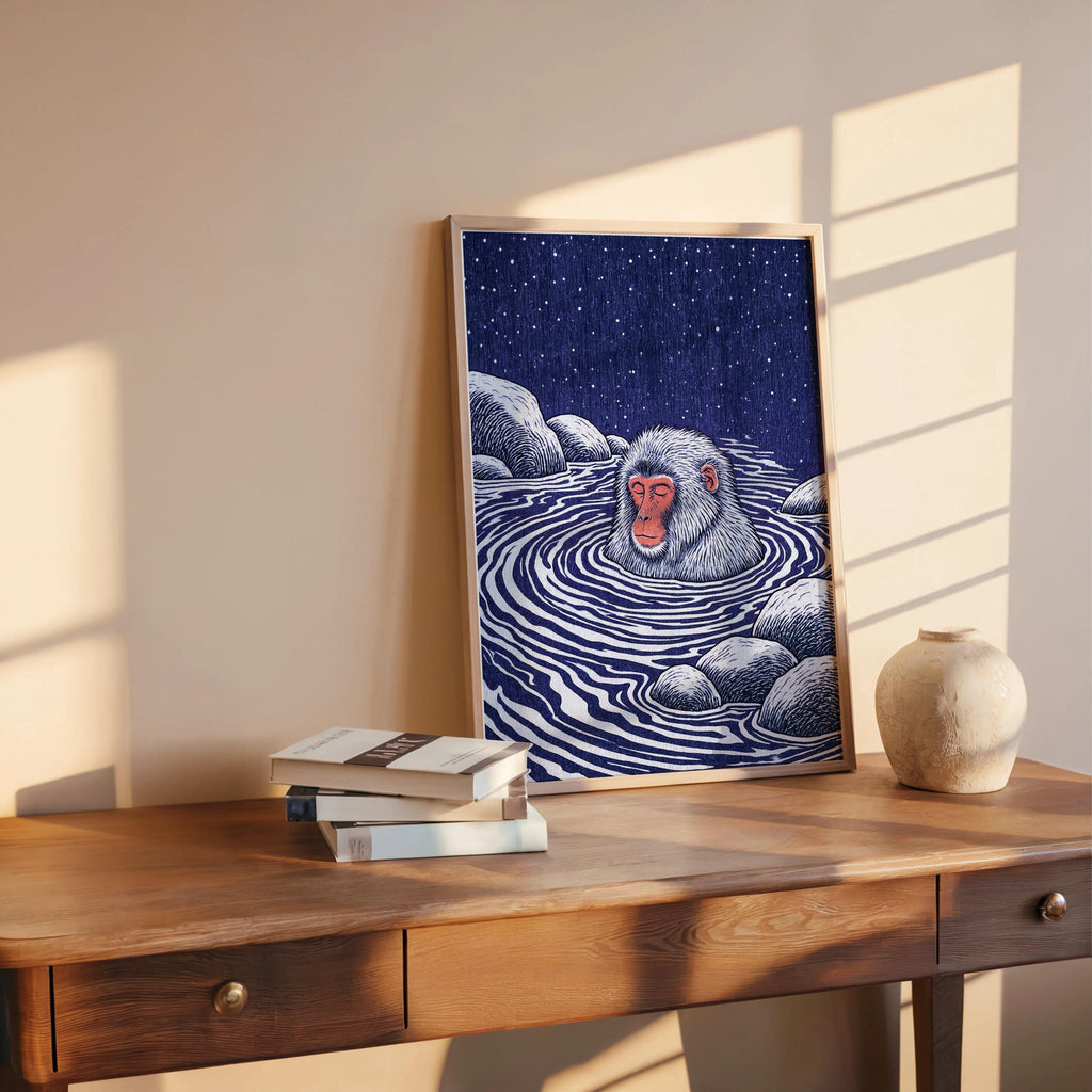 Snow Monkey Woodblock Art Print, Japanese Macaque Onsen Poster, Relaxing Hot Spring Decor, Linocut Wildlife Illustration Zen Animal Wall Art