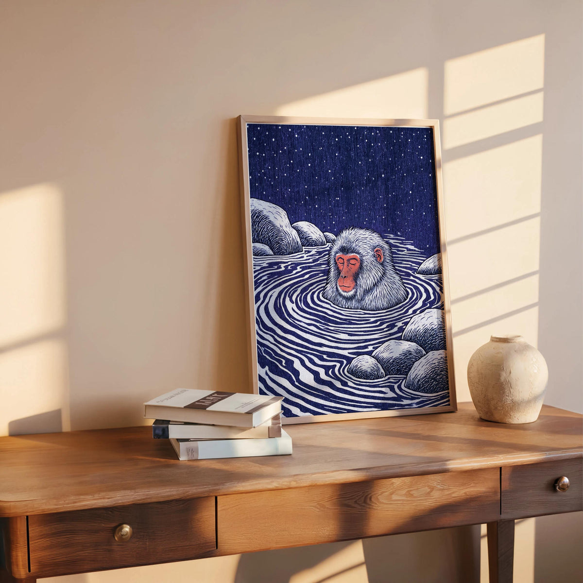Snow Monkey Woodblock Art Print, Japanese Macaque Onsen Poster, Relaxing Hot Spring Decor, Linocut Wildlife Illustration Zen Animal Wall Art