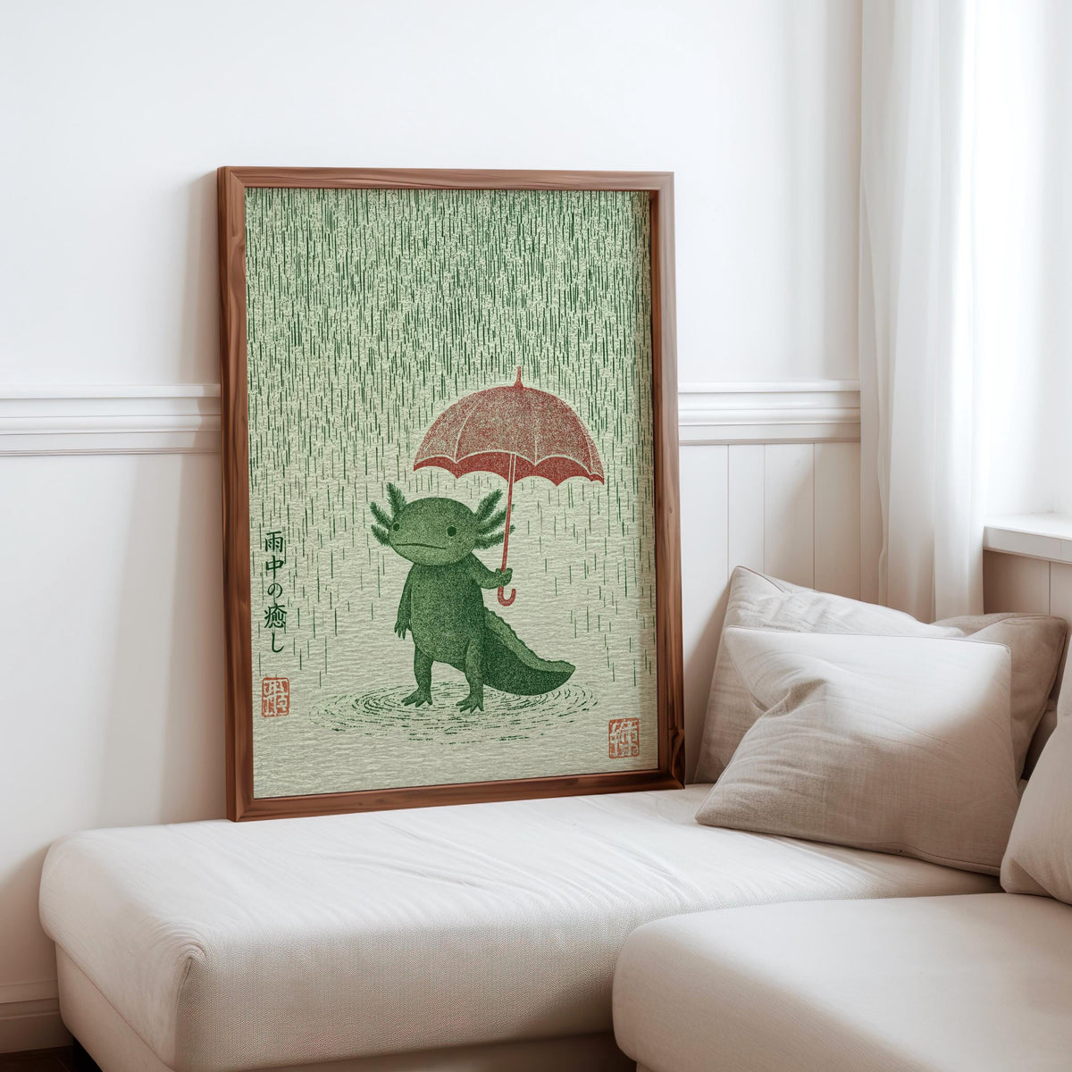 Dark-framed Axolotl Wall Art Print leaning against a sofa, amphibian art print mood, gentle rainy palette
