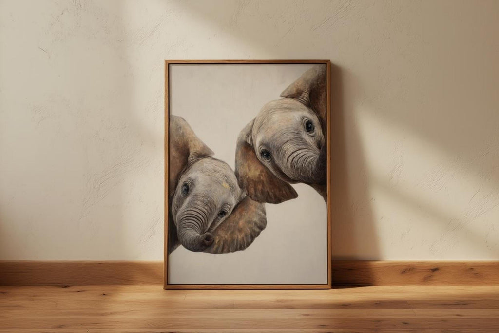 Centered frame on floorboard, baby elephant wall art print with visible brush-like texture and neutral palette
