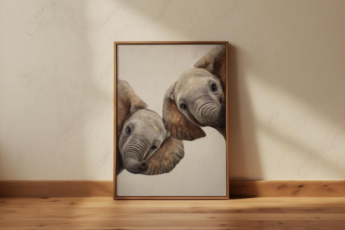 Centered frame on floorboard, baby elephant wall art print with visible brush-like texture and neutral palette
