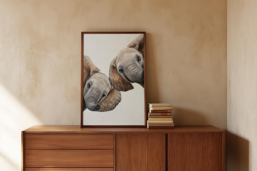 Elephant wall art print perched on wood credenza, detailed trunk wrinkles and oil-paint texture visible