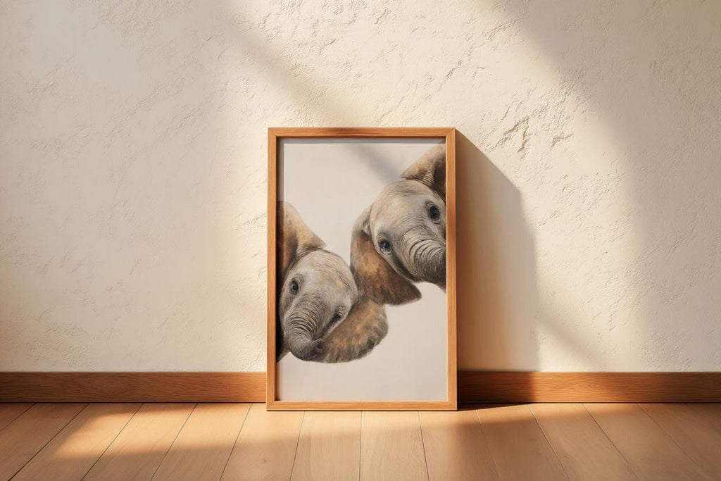 Centered wood frame on floor with sunbeam, whimsical elephant nursery art, warm brown and beige palette