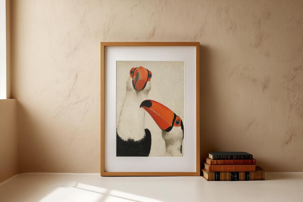 Thin white-framed toucan wall art print centered on floor against plaster wall, small stack of books nearby