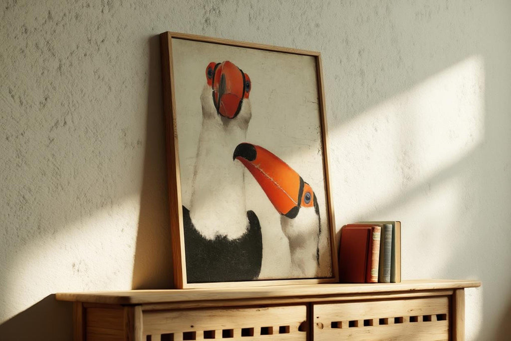 Tall framed toucan wall art print leaning on midcentury console, sunlit wall texture, warm neutral styling
