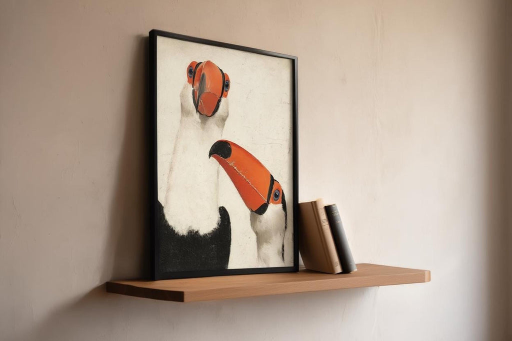 Black-framed toucan wall art print leaning on floating shelf, late afternoon light, strong orange accent