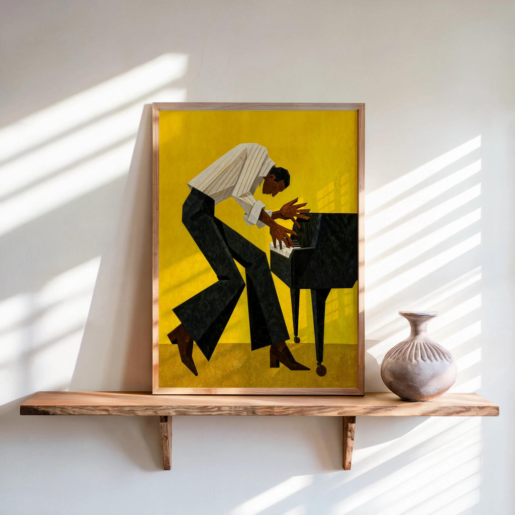 Retro Pianist Jazz Wall Art, Abstract Mid Century Musician Print, Vintage Afrocentric Soul Illustration, Modern Black Man Culture Cubism