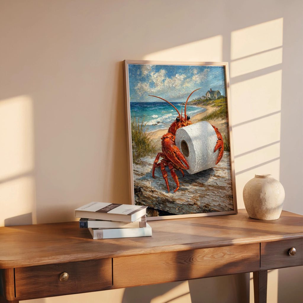Warm afternoon light on a wooden desk, framed funny lobster bathroom print propped against wall, quirky nautical art feel