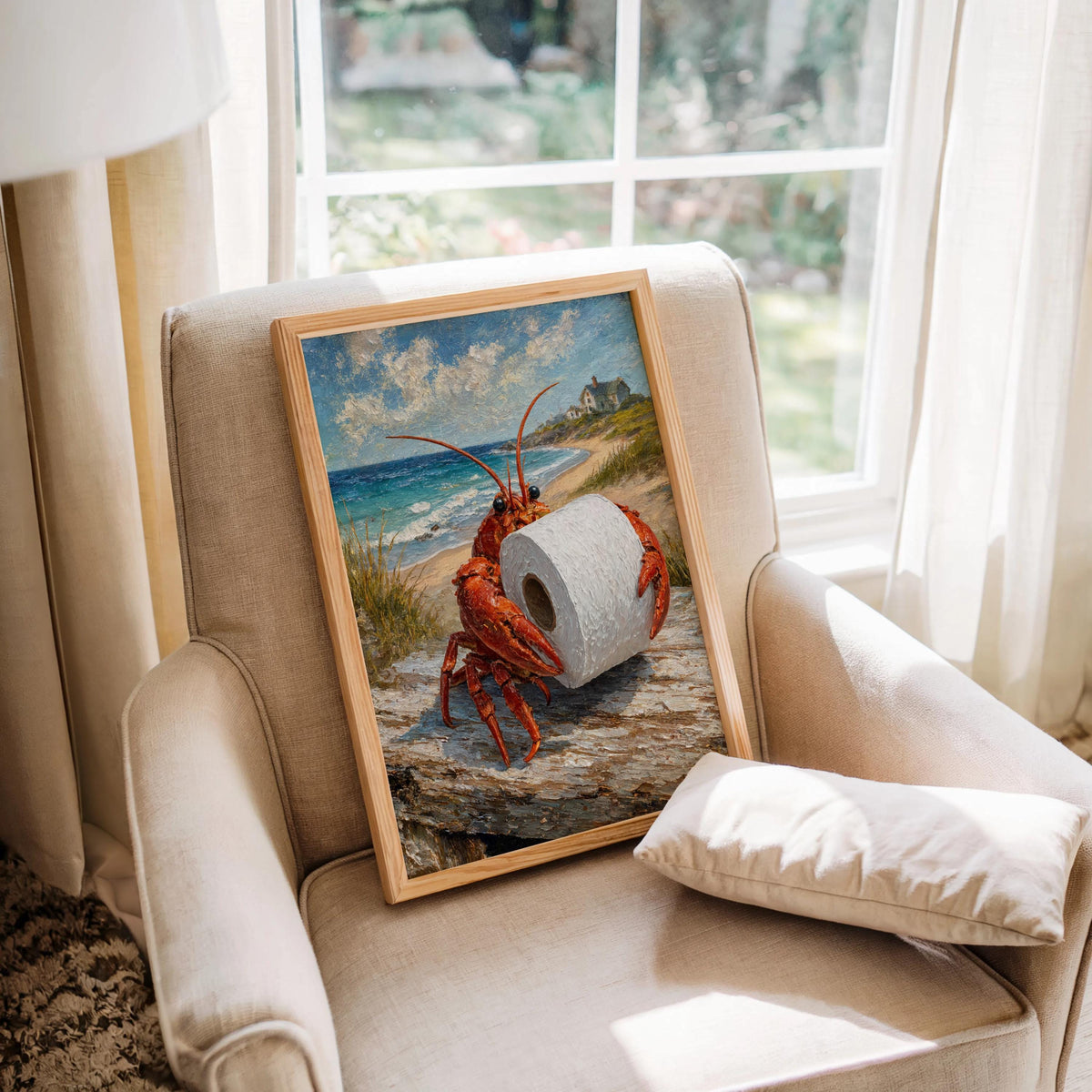 Cozy armchair with framed funny lobster bathroom print leaning on the seat, window light highlighting textured brushstrokes