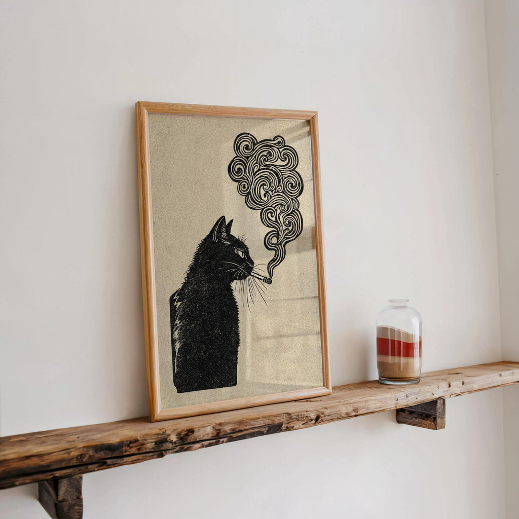 black cat smoking, japanese style woodblock print, retro vintage poster